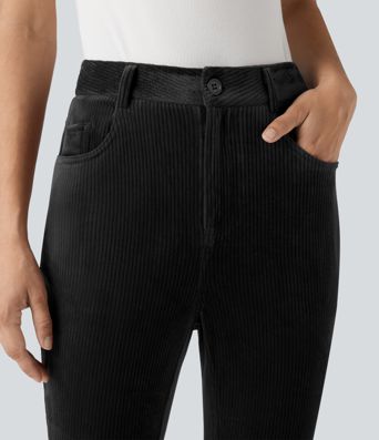 Ribbed Velvet High Waisted Casual Pants with Pockets 