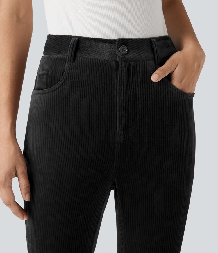 Ribbed Velvet High Waisted Casual Trousers with Pockets 