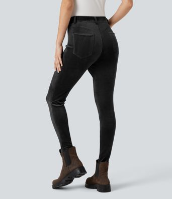 Ribbed Velvet High Waisted Casual Pants with Pockets 