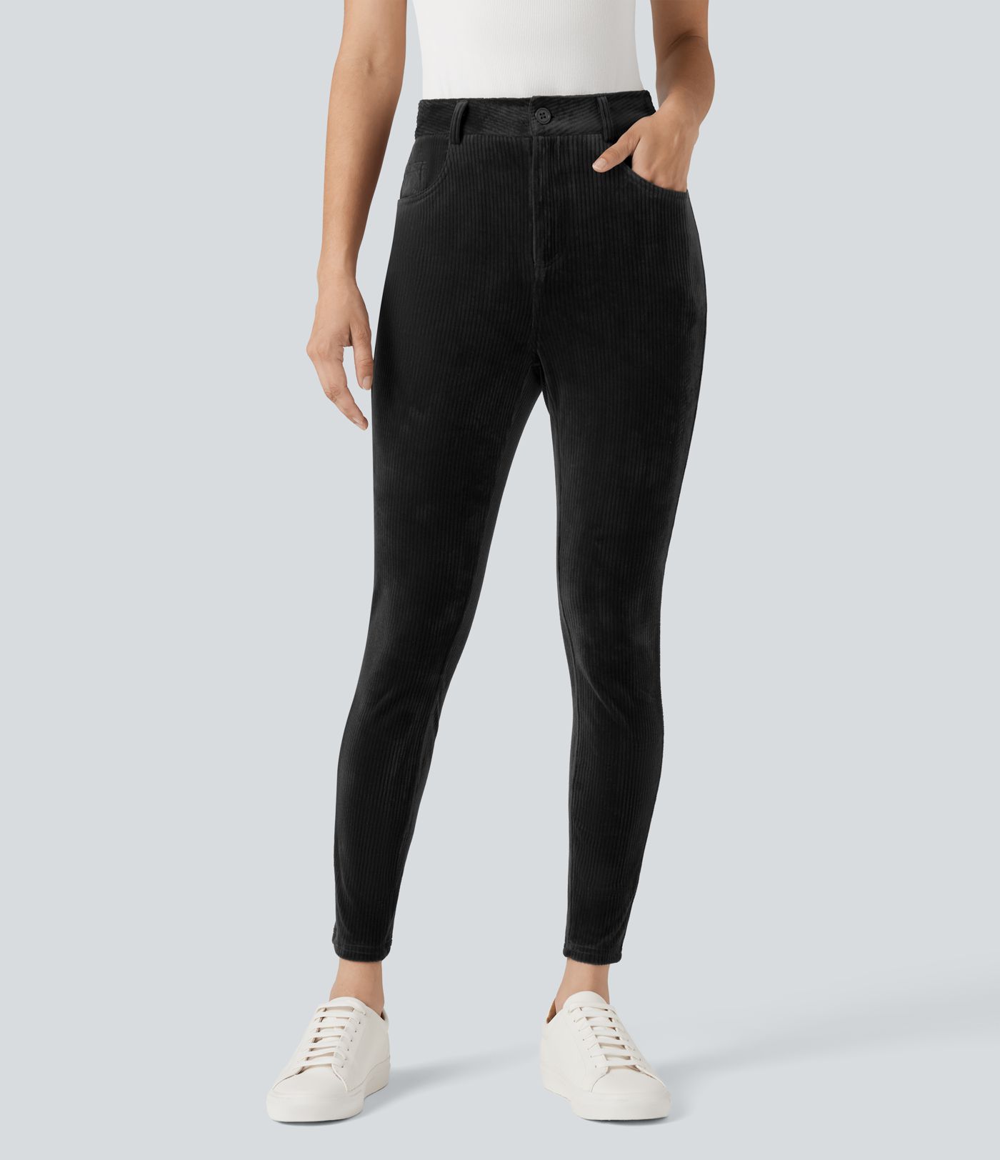 Ribbed Velvet High Waisted Casual Pants with Pockets 