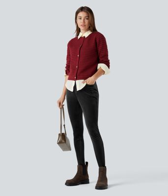 Ribbed Velvet High Waisted Casual Pants with Pockets 