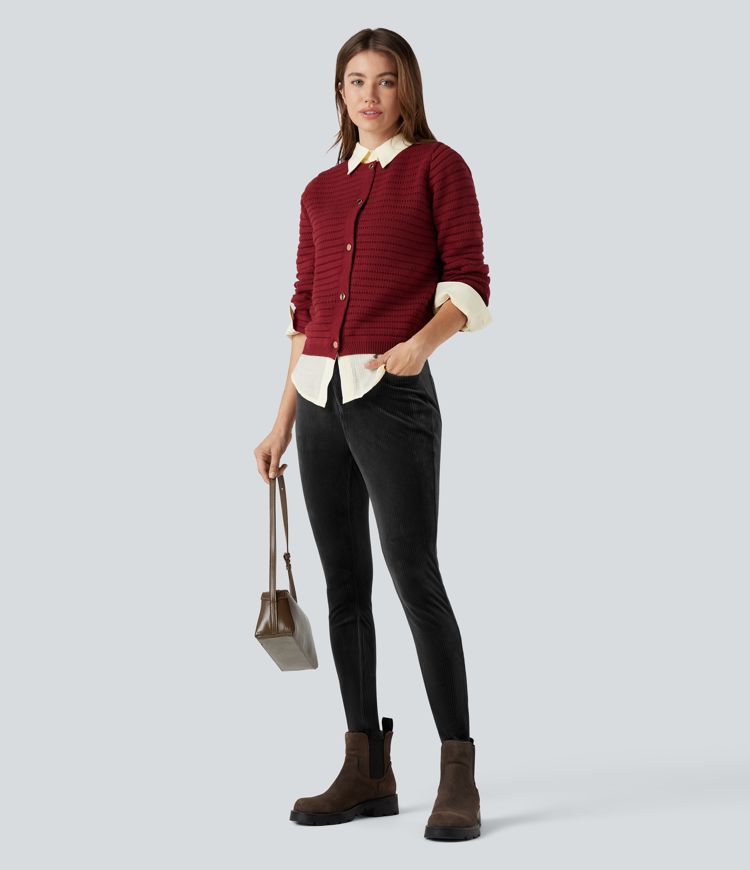 Ribbed Velvet High Waisted Casual Trousers with Pockets 