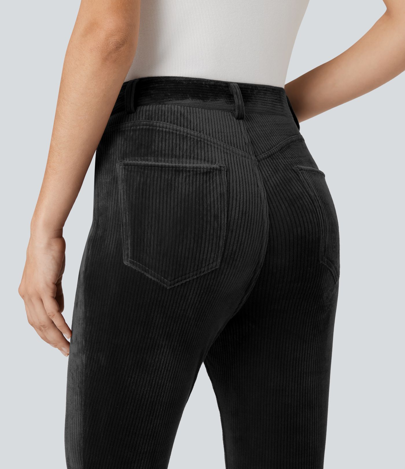 Ribbed Velvet High Waisted Casual Pants with Pockets 