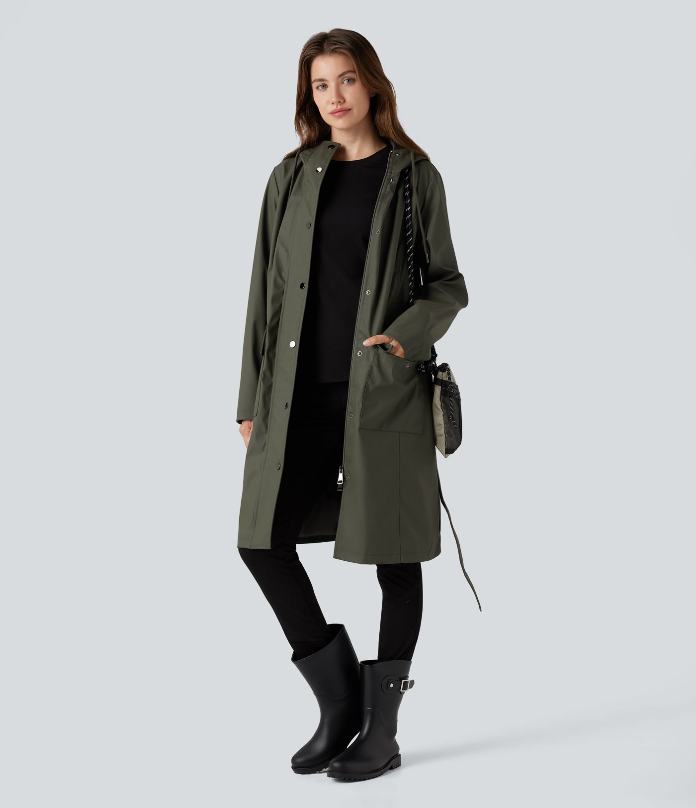 Waterproof Hooded Long Sleeve Belted PU-Like Casual Longline Jacket with Pockets