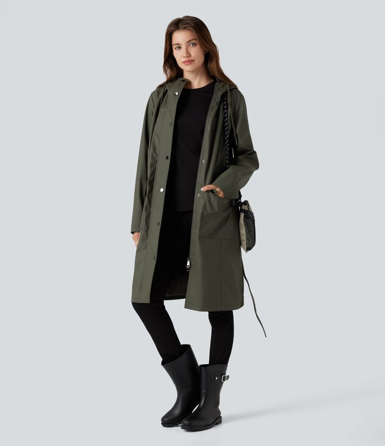 Waterproof Hooded Long Sleeve Belted PU-Like Casual Longline Jacket with Pockets
