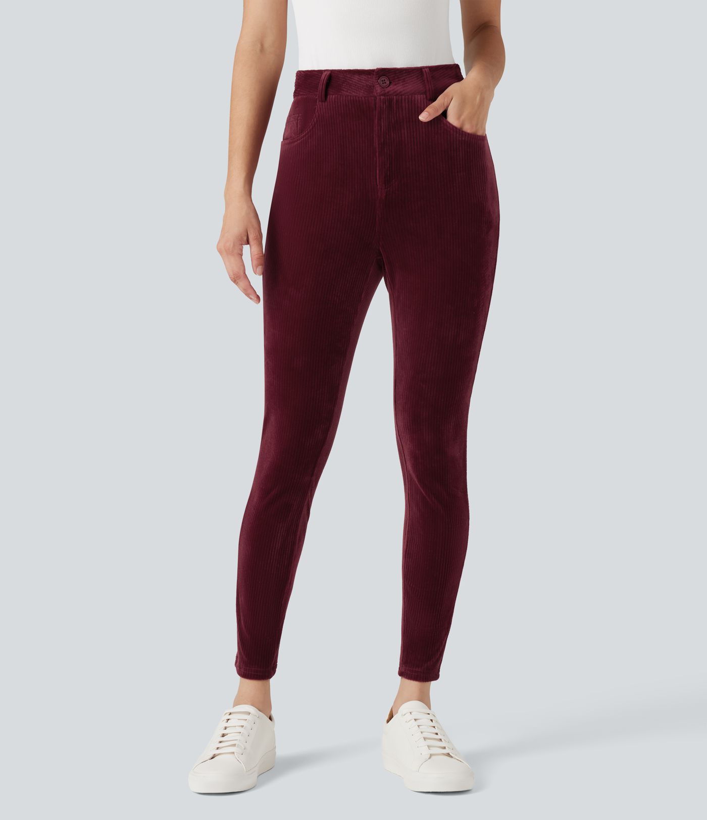 Ribbed Velvet High Waisted Casual Pants with Pockets 