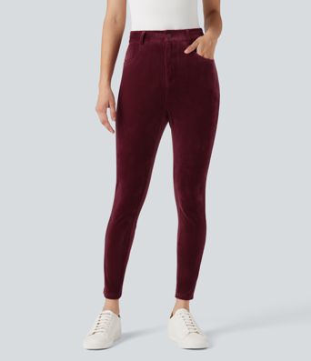 Ribbed Velvet High Waisted Casual Pants with Pockets 