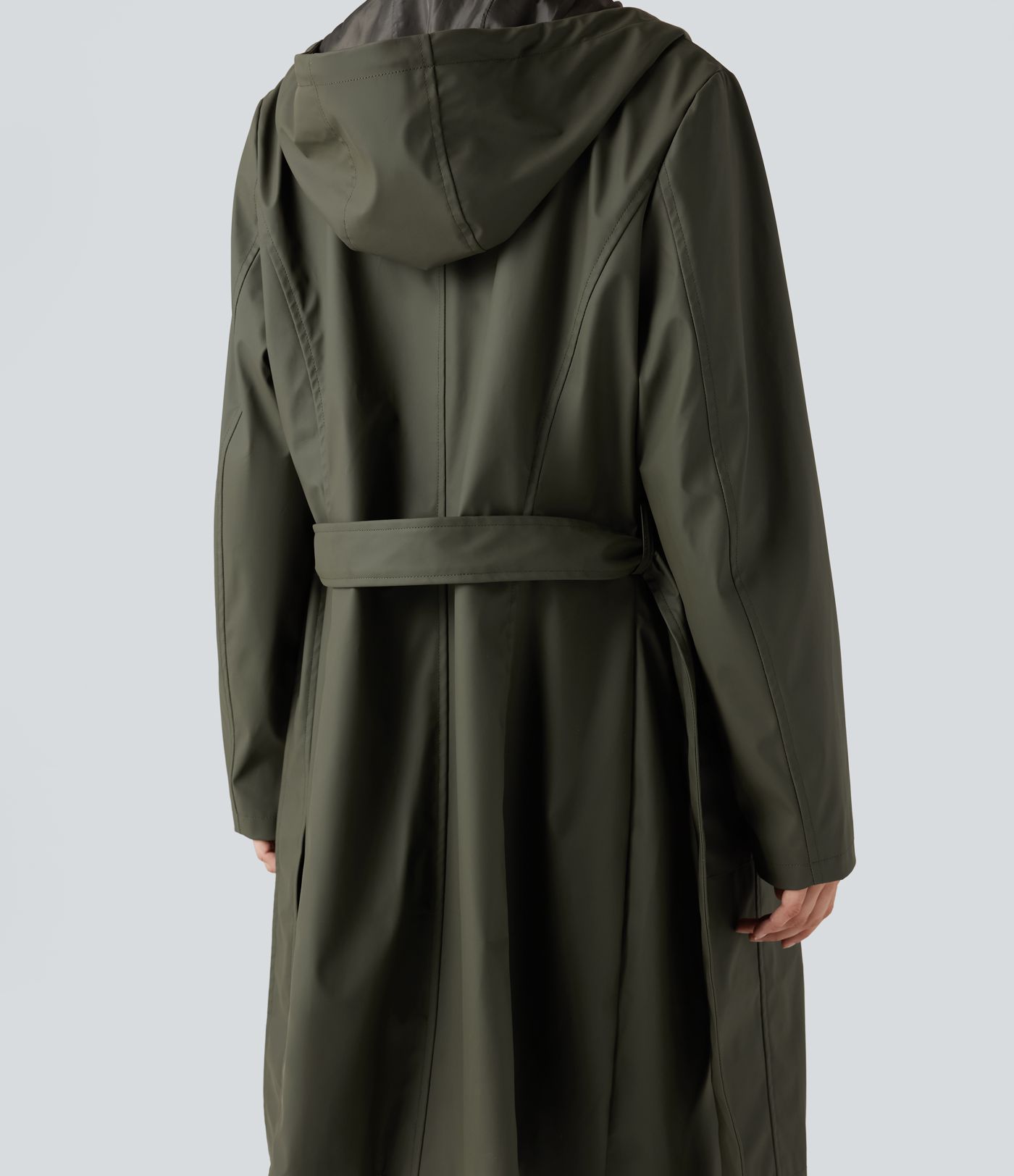 Waterproof Hooded Long Sleeve Belted PU-Like Casual Longline Jacket with Pockets