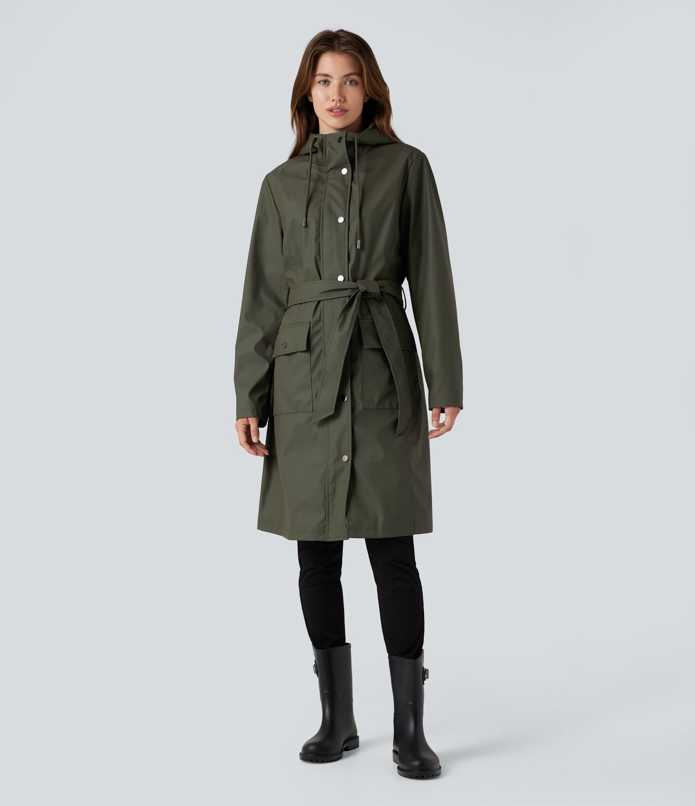 Waterproof Hooded Long Sleeve Belted PU-Like Casual Longline Jacket with Pockets