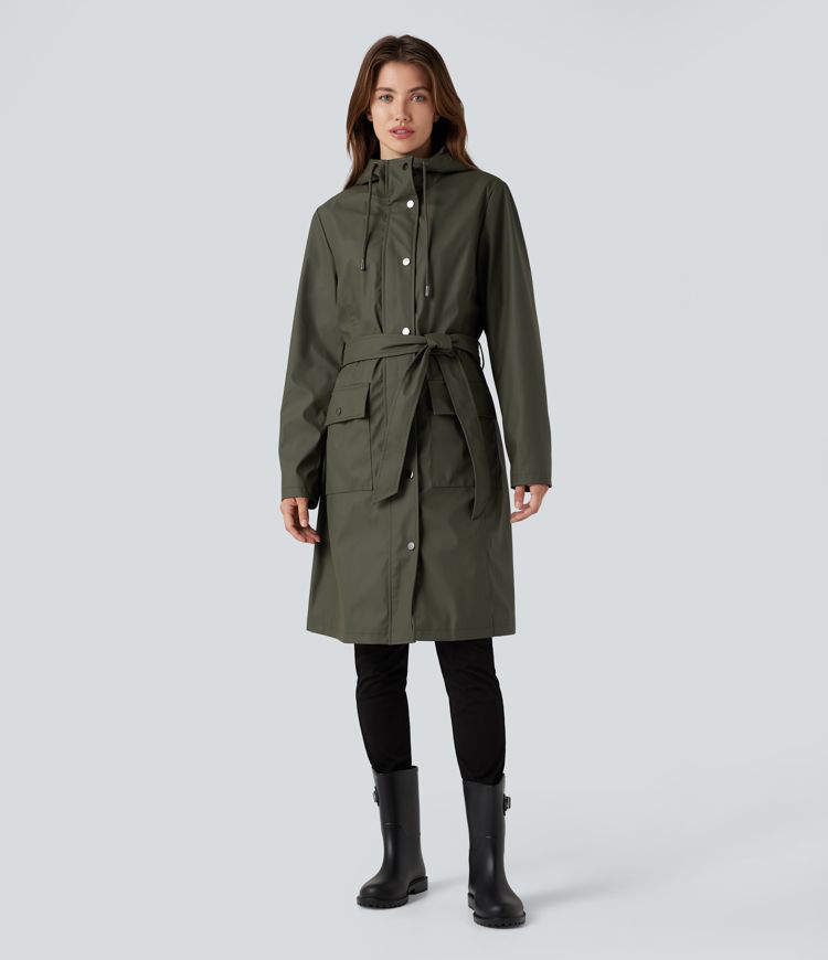 Waterproof Hooded Long Sleeve Belted PU-Like Casual Longline Jacket with Pockets