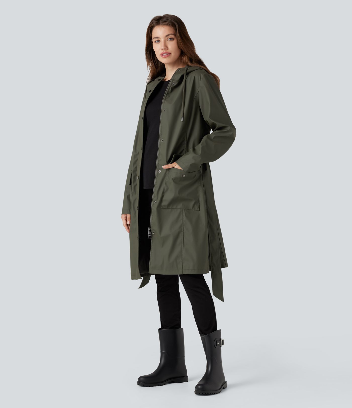 Waterproof Hooded Long Sleeve Belted PU-Like Casual Longline Jacket with Pockets