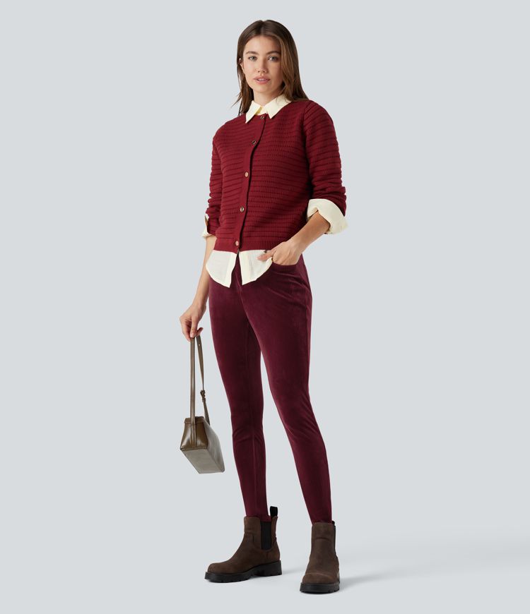 Ribbed Velvet High Waisted Casual Pants with Pockets 