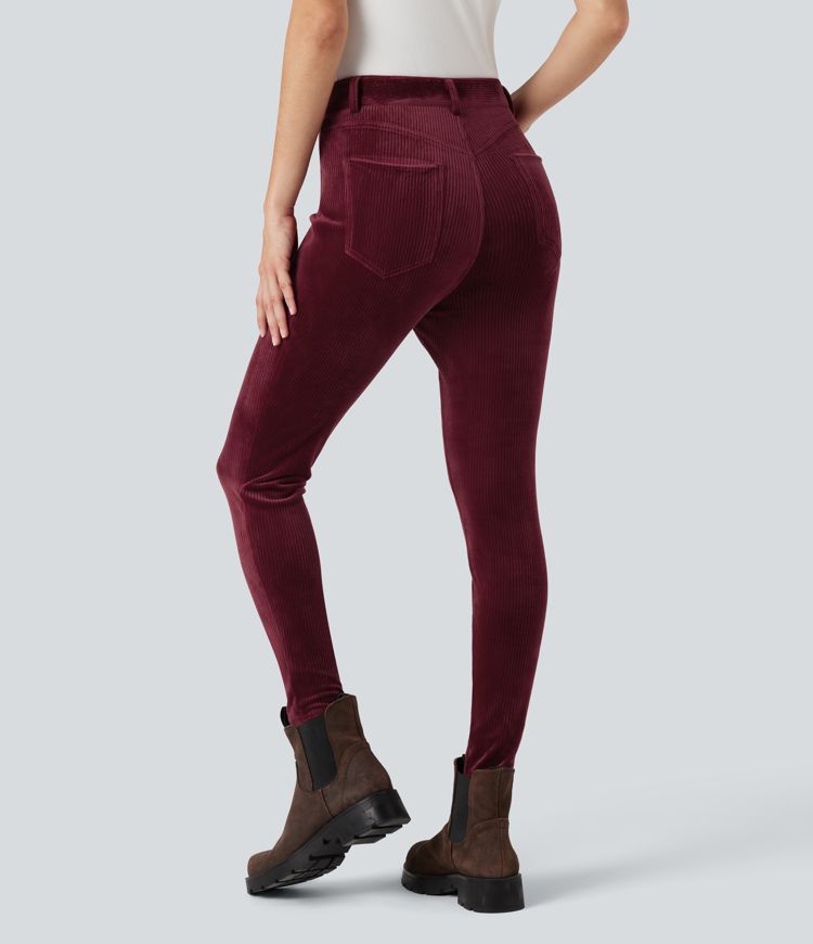 Ribbed Velvet High Waisted Casual Pants with Pockets 