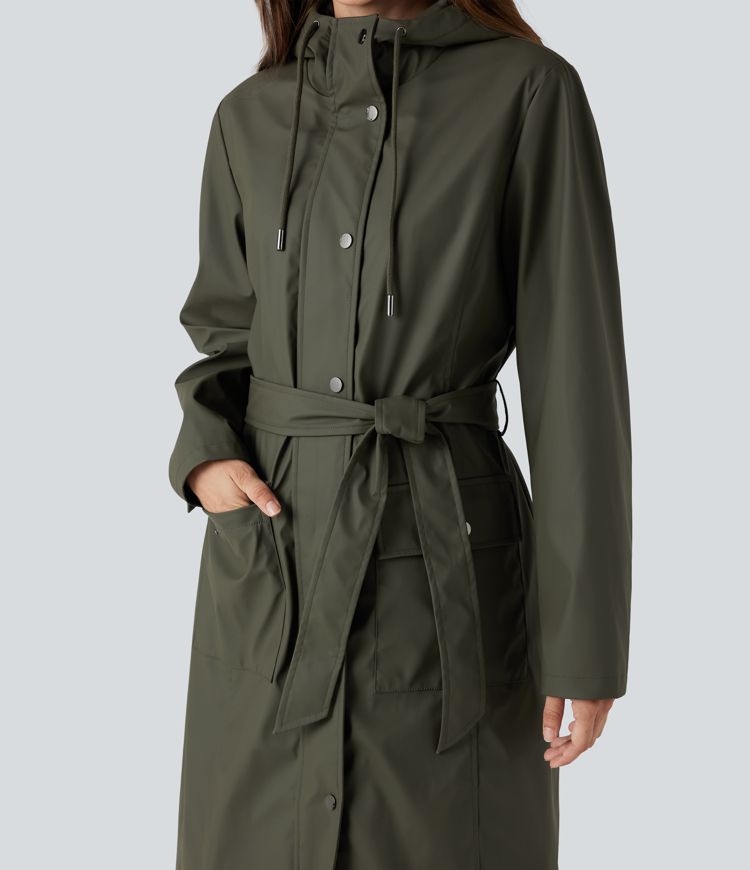 Waterproof Hooded Long Sleeve Belted PU-Like Casual Longline Jacket with Pockets