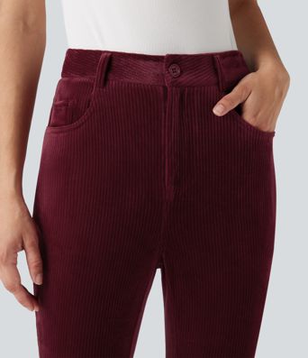 Ribbed Velvet High Waisted Casual Pants with Pockets 