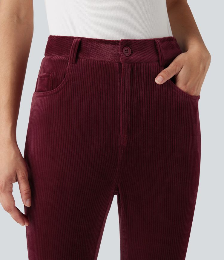 Ribbed Velvet High Waisted Casual Pants with Pockets 