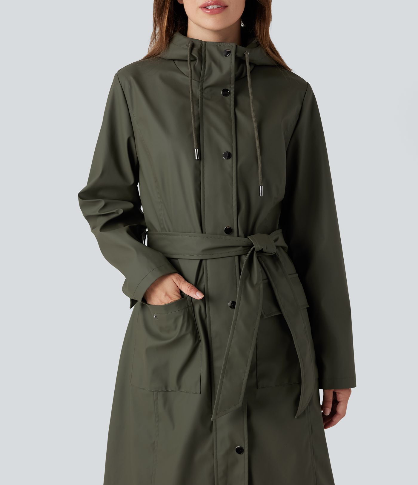Waterproof Hooded Long Sleeve Belted PU-Like Casual Longline Jacket with Pockets