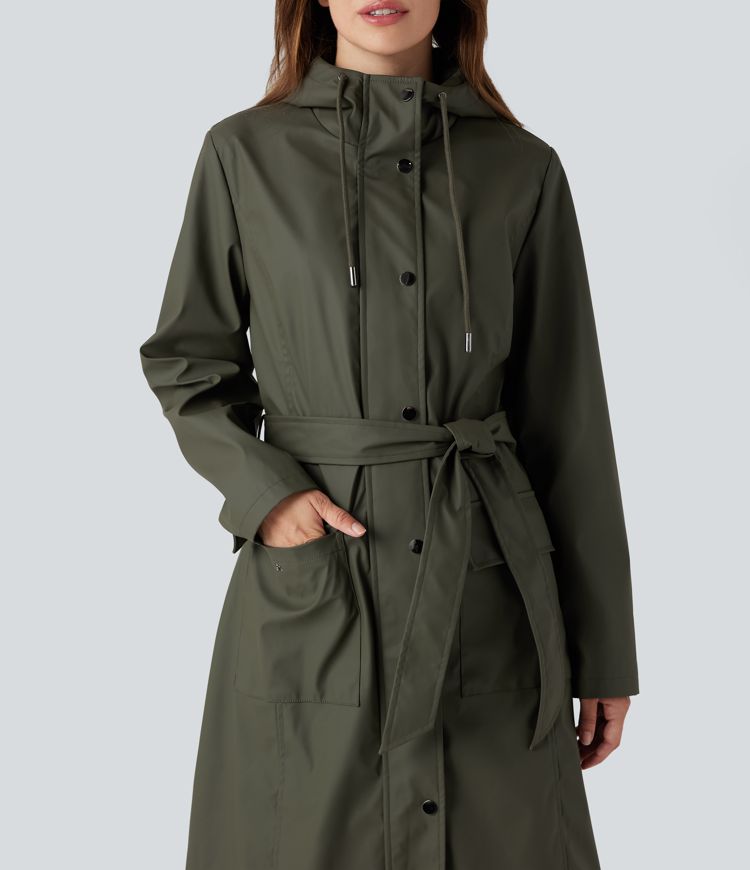 Waterproof Hooded Long Sleeve Belted PU-Like Casual Longline Jacket with Pockets