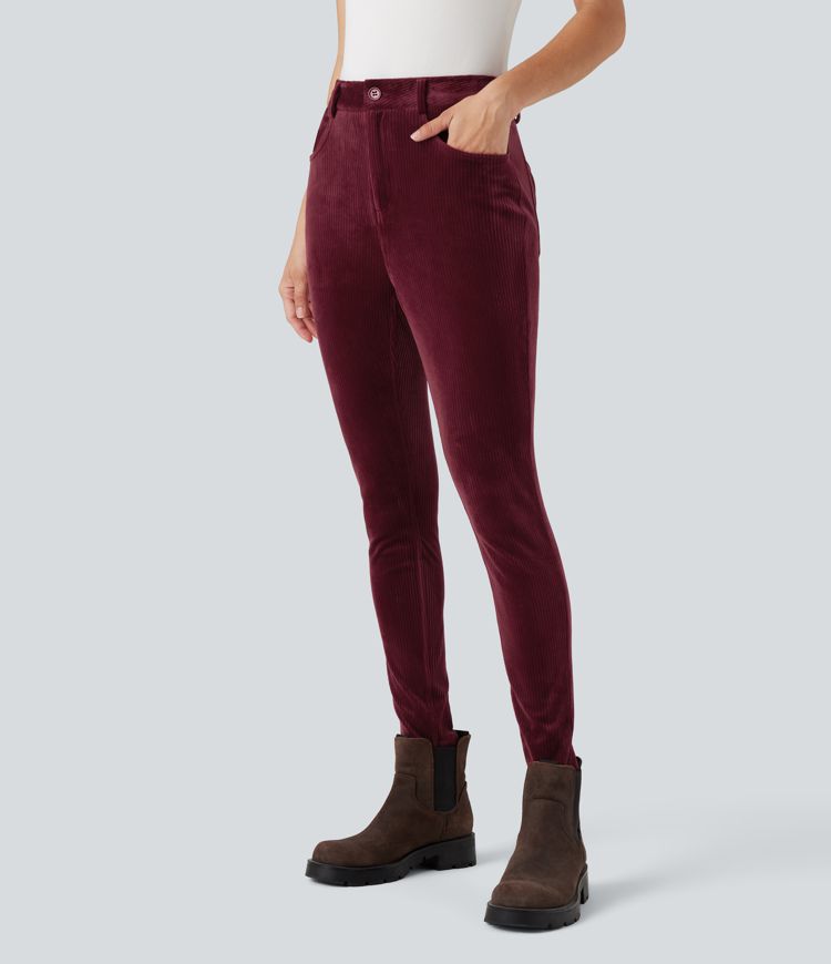 Ribbed Velvet High Waisted Casual Pants with Pockets 