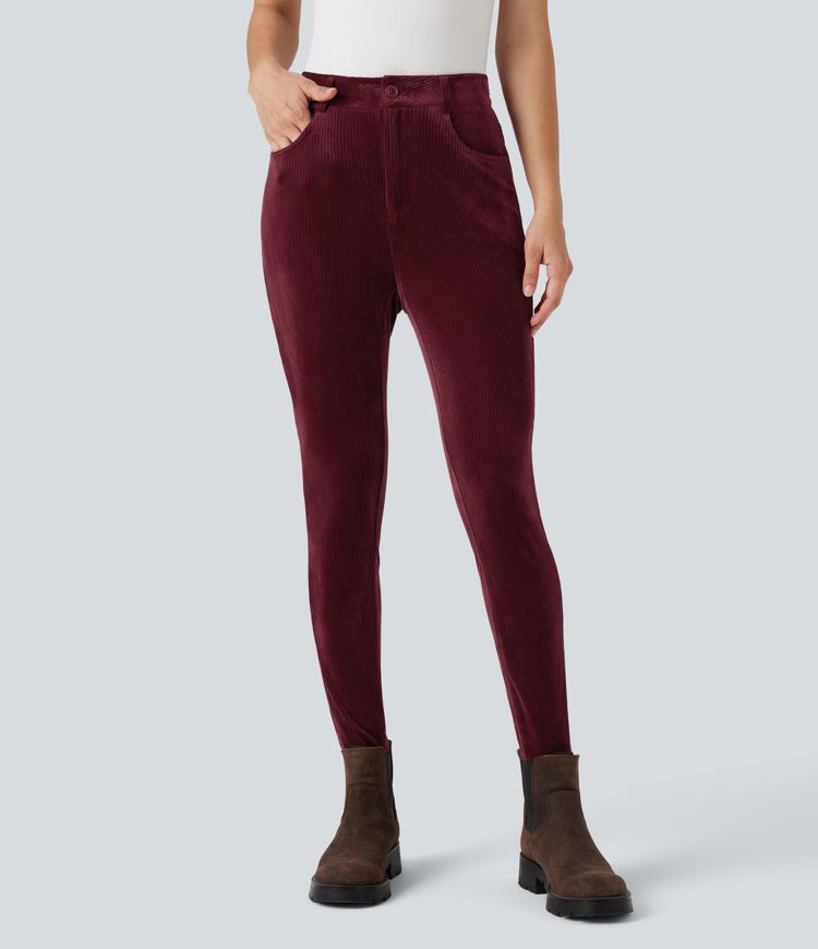 Ribbed Velvet High Waisted Casual Pants with Pockets 