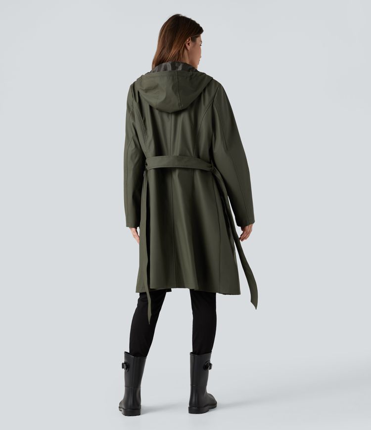 Waterproof Hooded Long Sleeve Belted PU-Like Casual Longline Jacket with Pockets