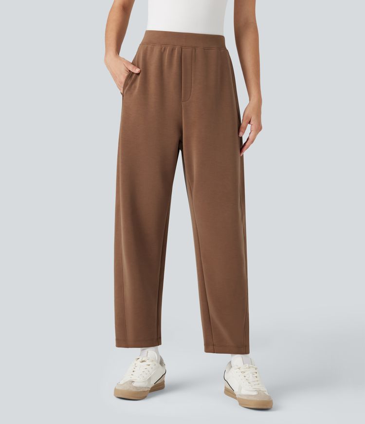 High-waisted Relaxed Fit Casual Barrel Leg 7/8 Trousers with Pockets