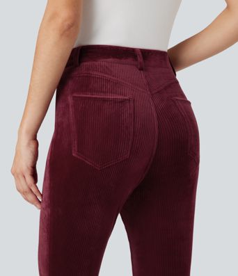 Ribbed Velvet High Waisted Casual Pants with Pockets 