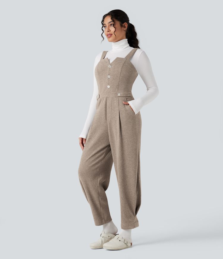 Ribbed Fleece Casual Dungarees with Pockets