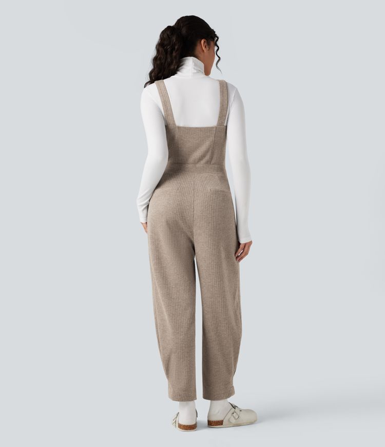 Ribbed Fleece Casual Dungarees with Pockets