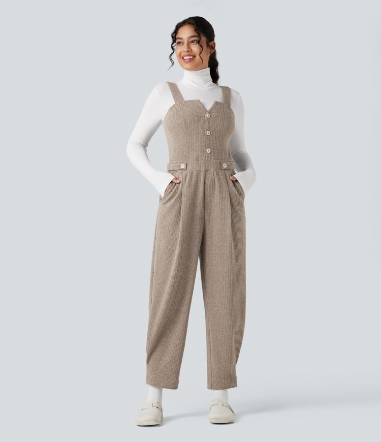 Ribbed Fleece Casual Dungarees with Pockets