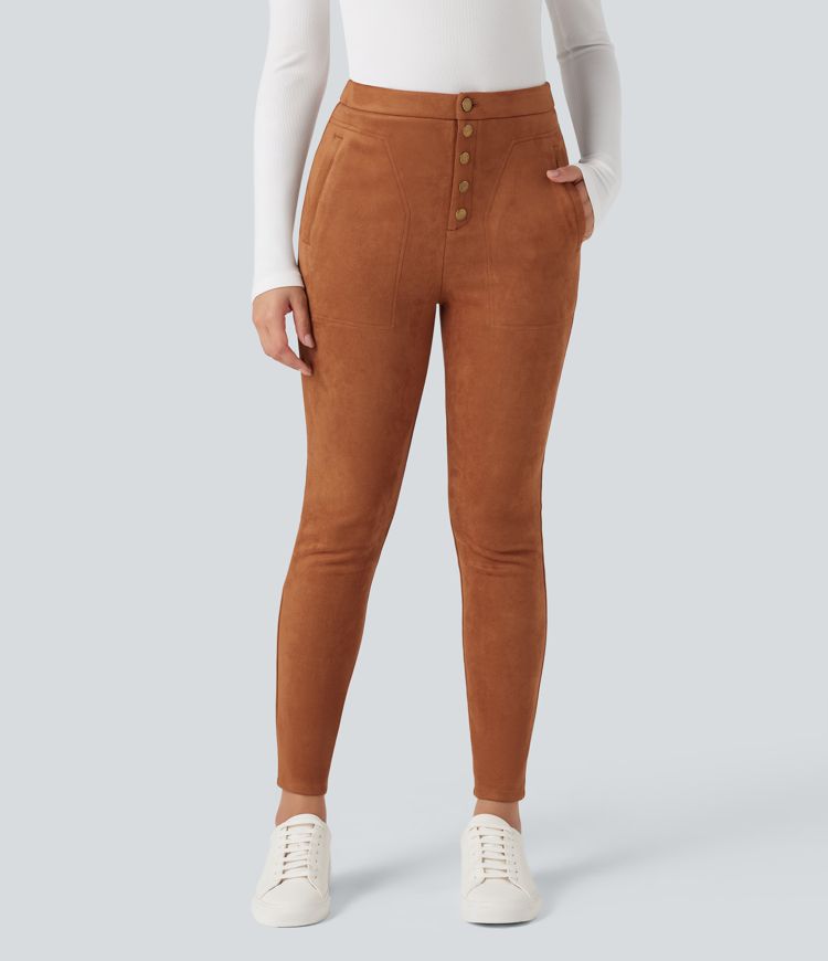 High Waisted Suede Casual Leggings with Pockets