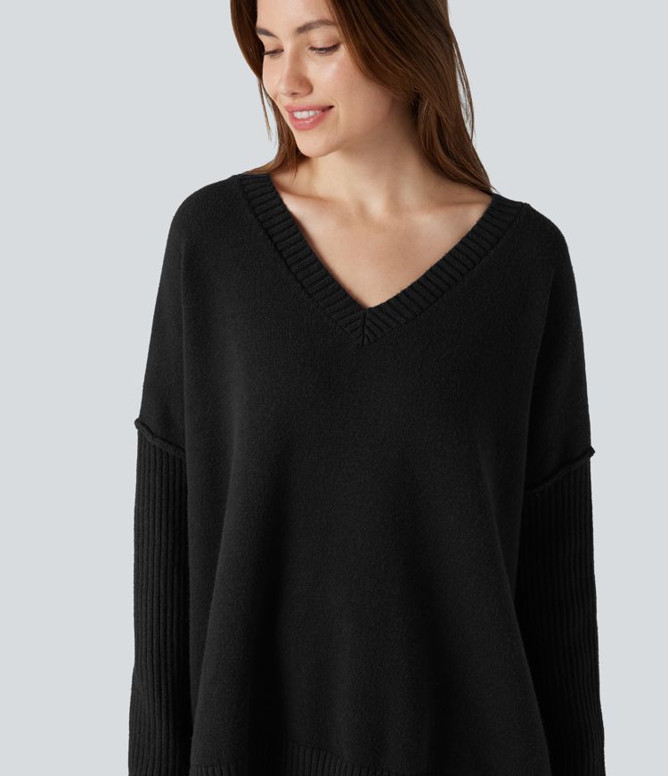 V-neck Reglan Long Sleeve Relaxed Fit Casual Jumper