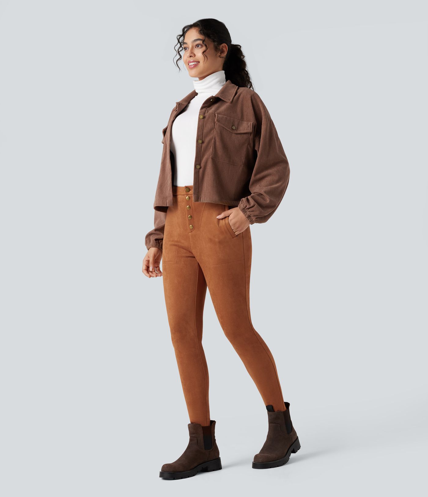 High Waisted Suede Casual Leggings with Pockets