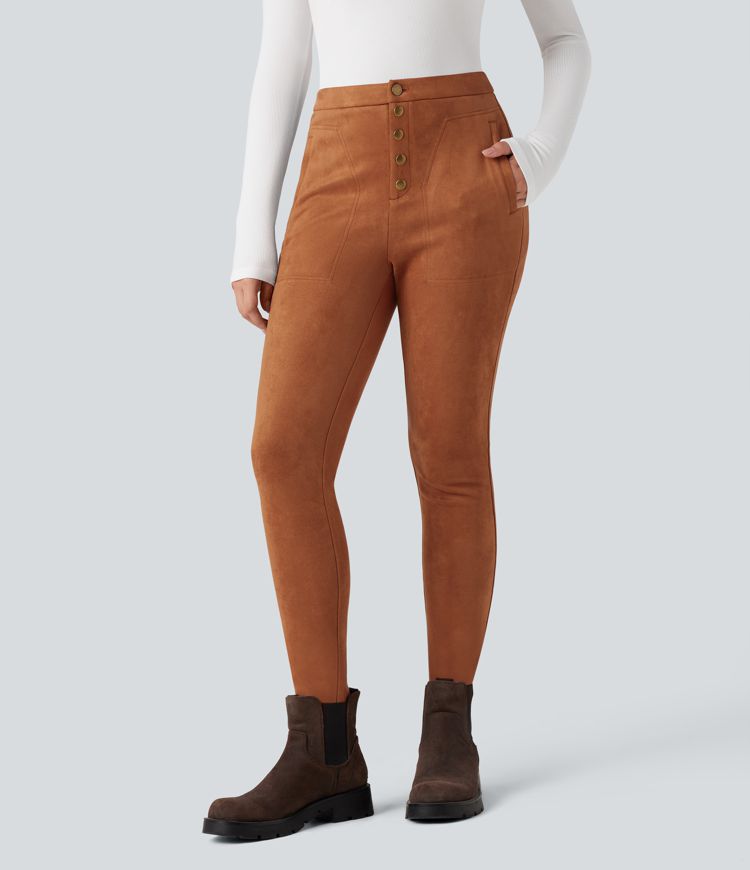 High Waisted Suede Casual Leggings with Pockets