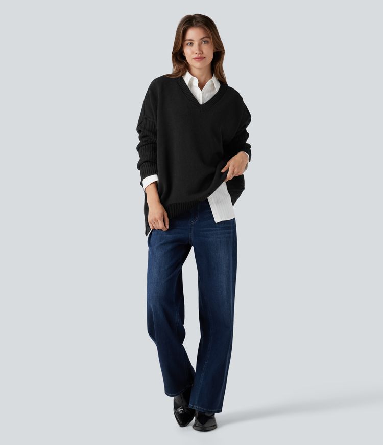 V-neck Reglan Long Sleeve Relaxed Fit Casual Jumper