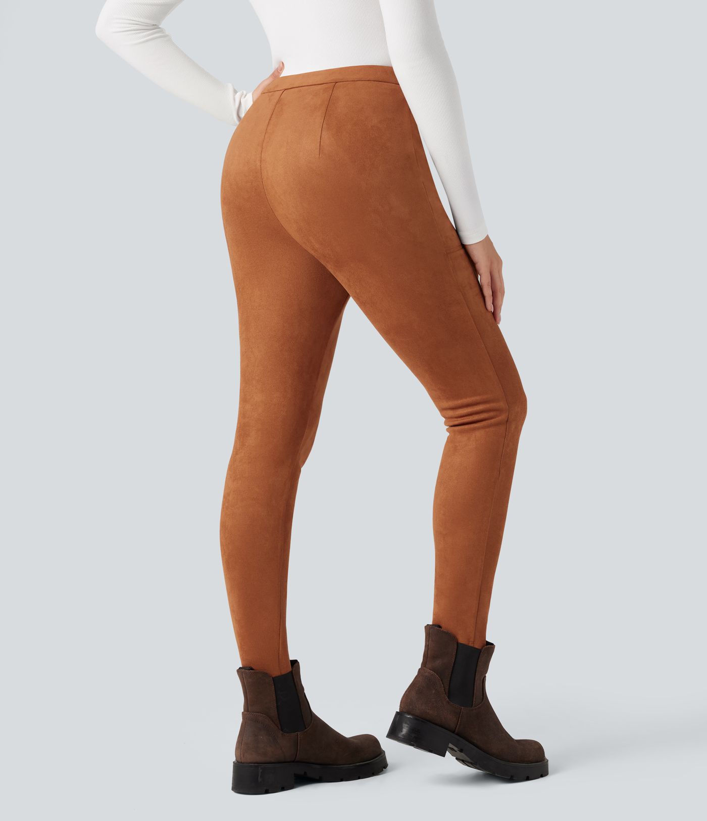 High Waisted Suede Casual Leggings with Pockets