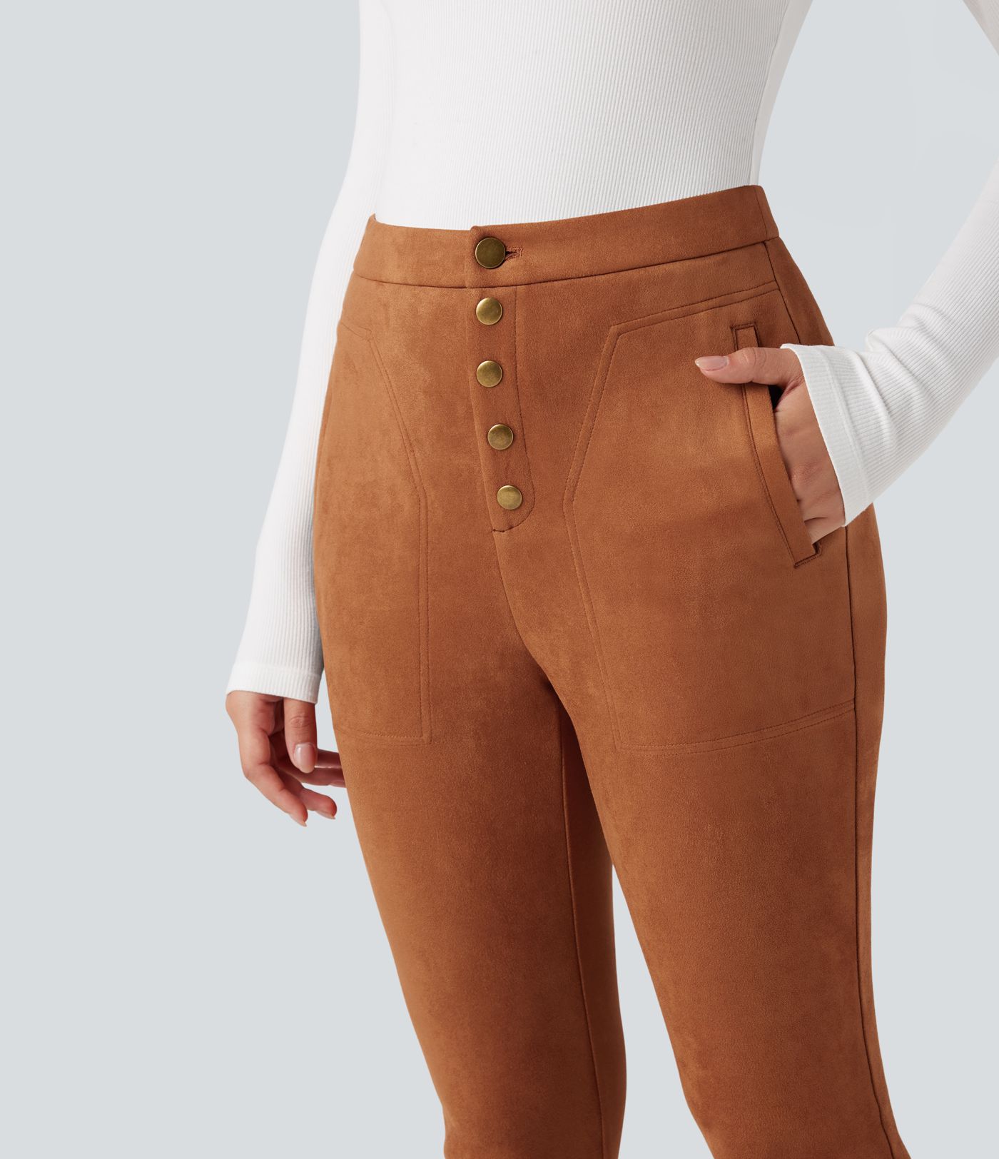 High Waisted Suede Casual Leggings with Pockets