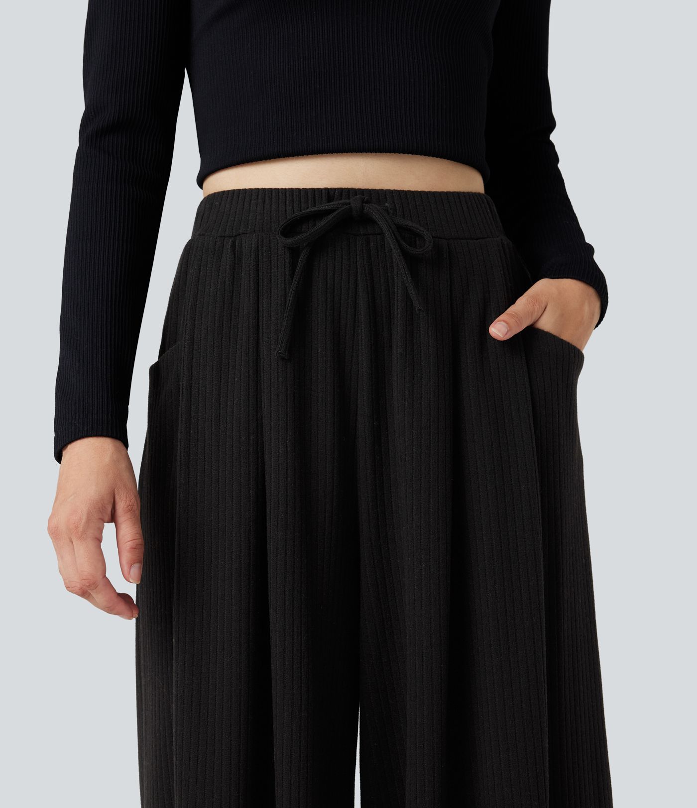 Ribbed Knit Adjustable Waist Drawstring Casual Baggy Pants with Pockets