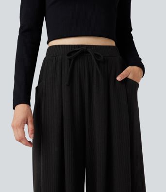 Ribbed Knit Adjustable Waist Drawstring Casual Baggy Pants with Pockets