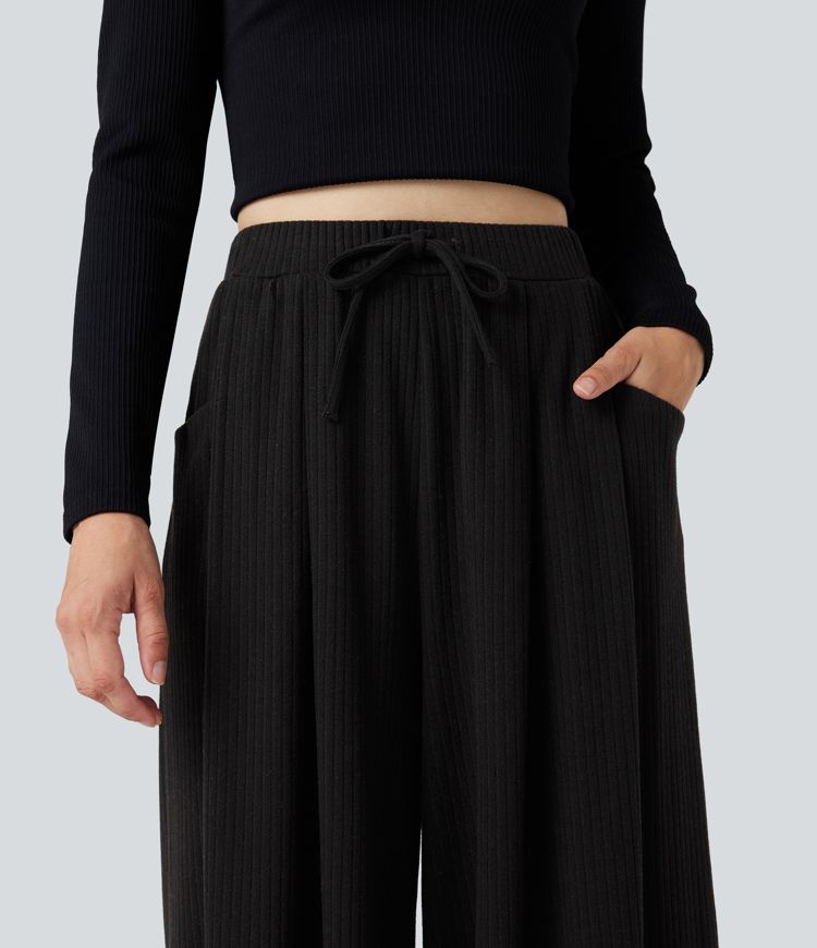 Ribbed Knit Adjustable Waist Drawstring Casual Baggy Pants with Pockets