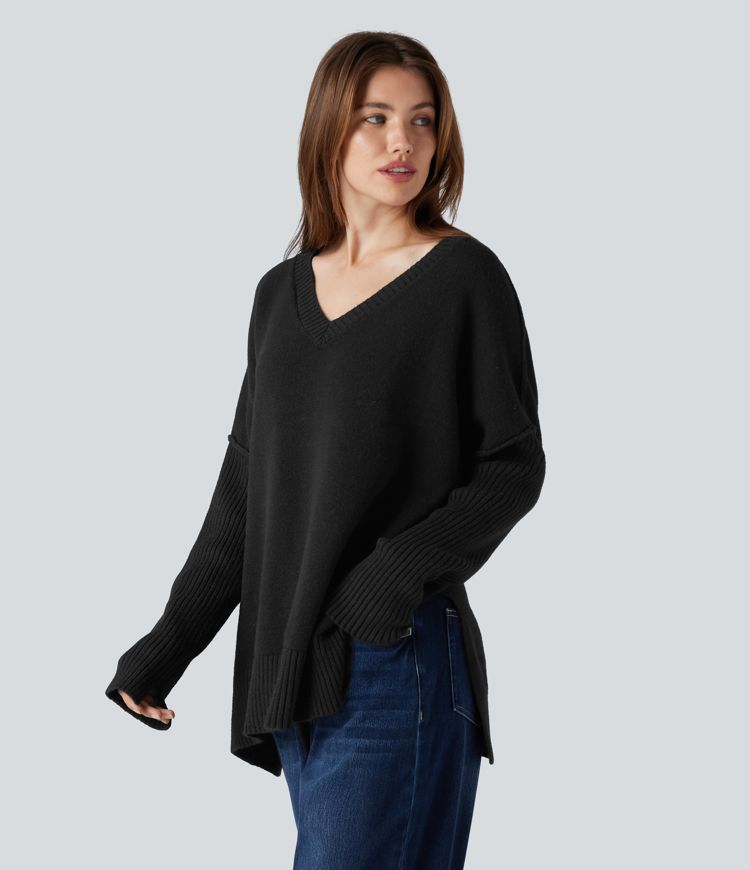 V-neck Reglan Long Sleeve Relaxed Fit Casual Jumper