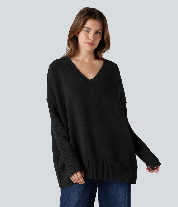 V-neck Reglan Long Sleeve Relaxed Fit Casual Jumper
