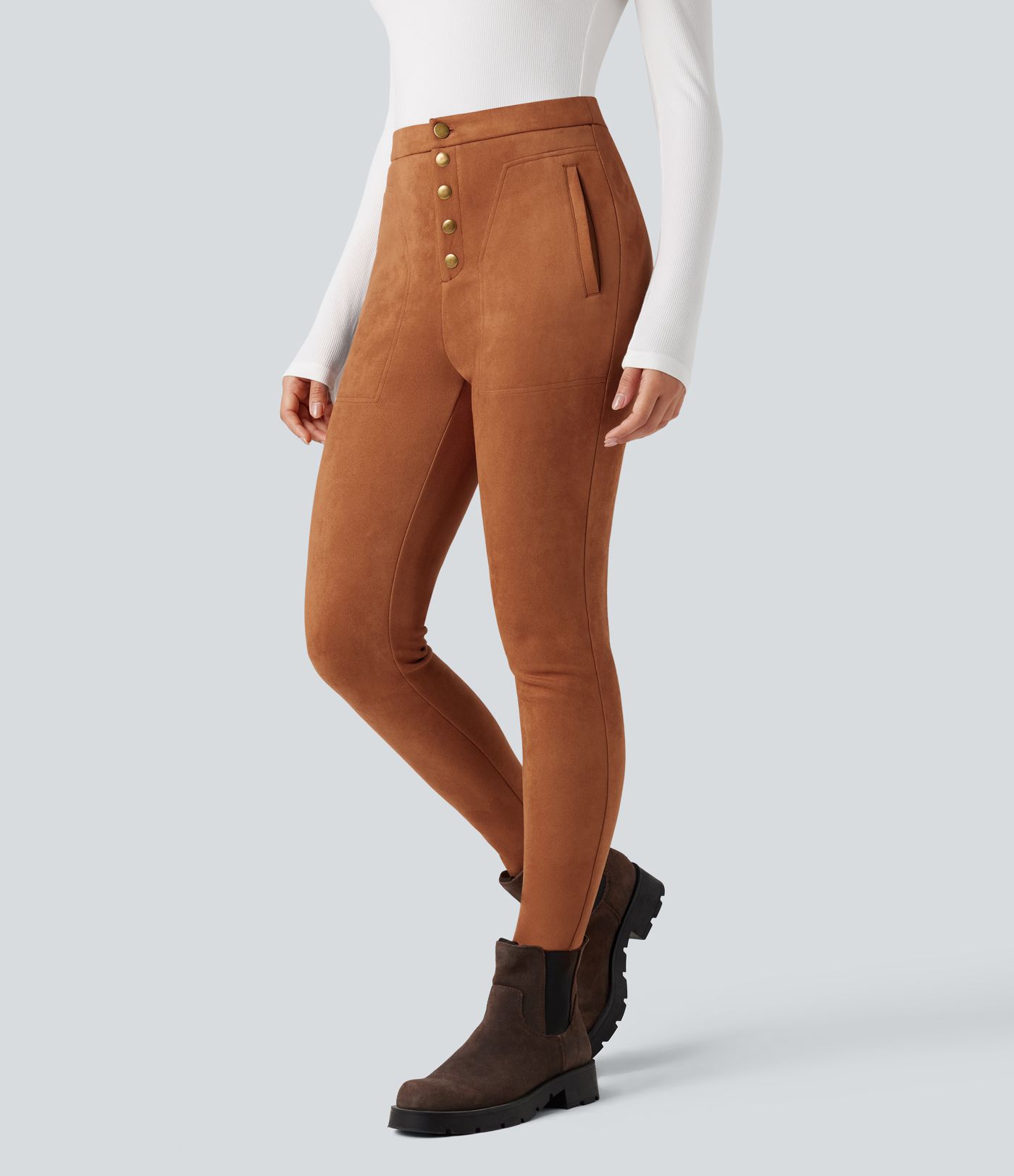 High Waisted Suede Casual Leggings with Pockets