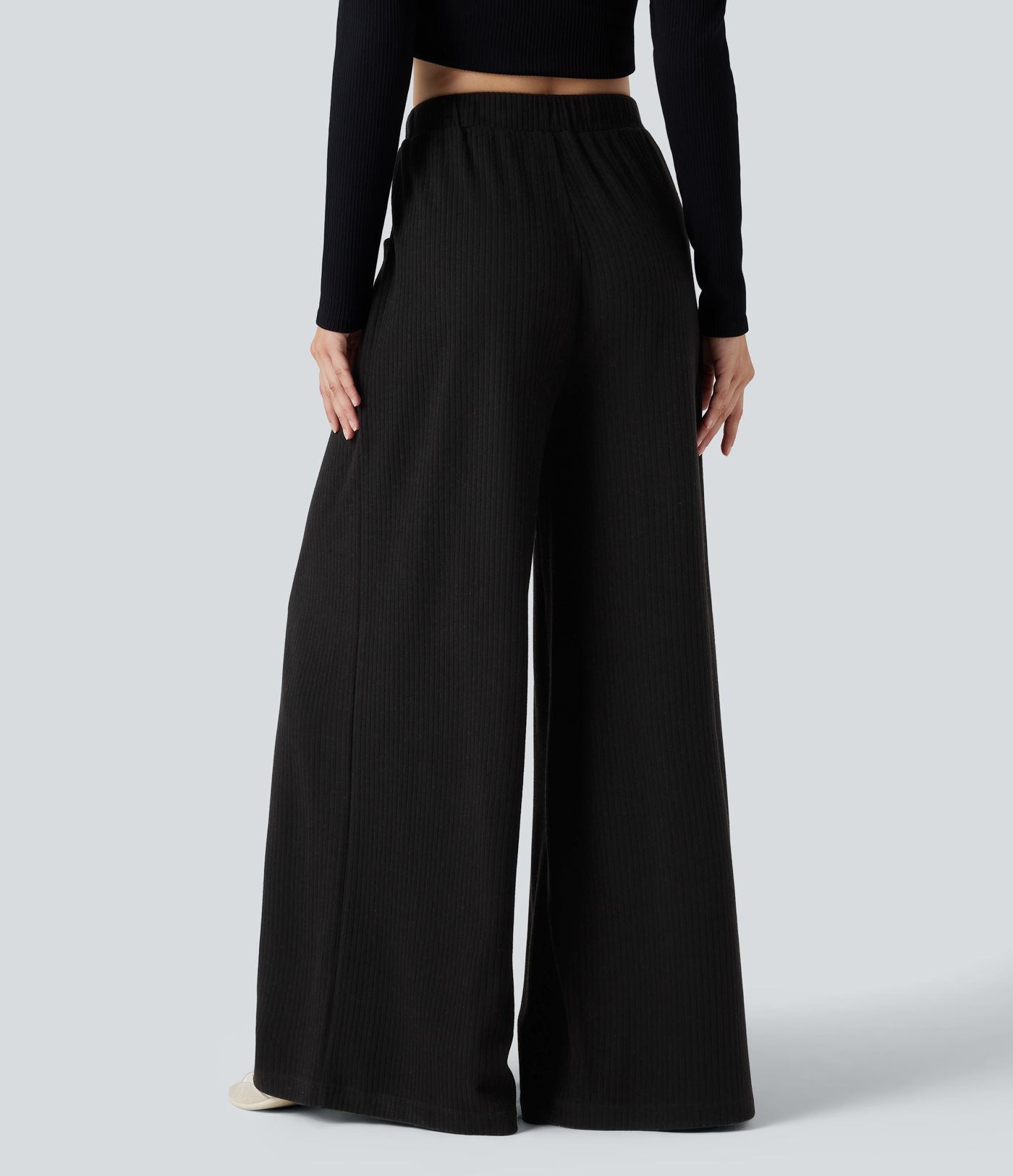 Ribbed Knit Adjustable Waist Drawstring Casual Baggy Pants with Pockets