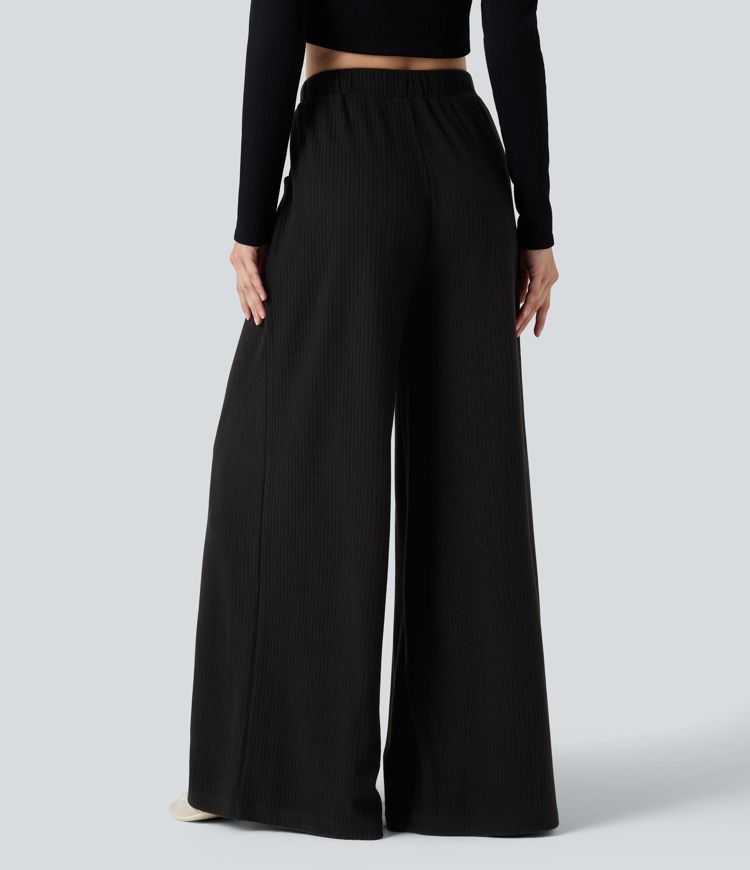 Ribbed Knit Adjustable Waist Drawstring Casual Baggy Pants with Pockets