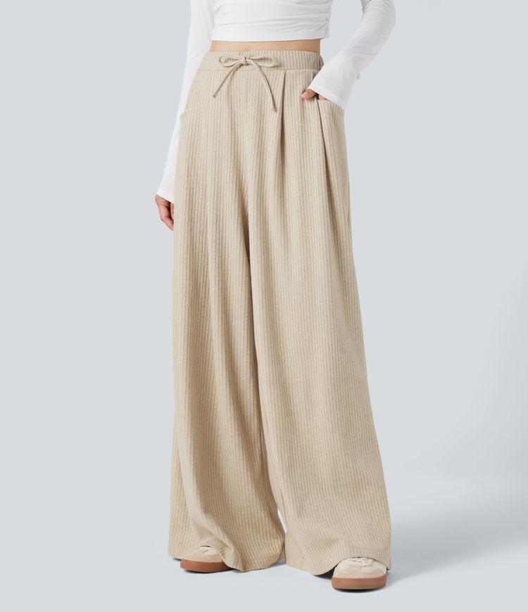 Ribbed Knit Adjustable Waist Drawstring Casual Baggy Trousers with Pockets
