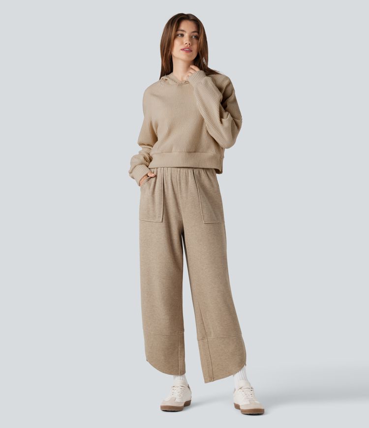 Pantalon de jogging 7/8 coupe décontractée ourlet asymétrique taille haute avec poches