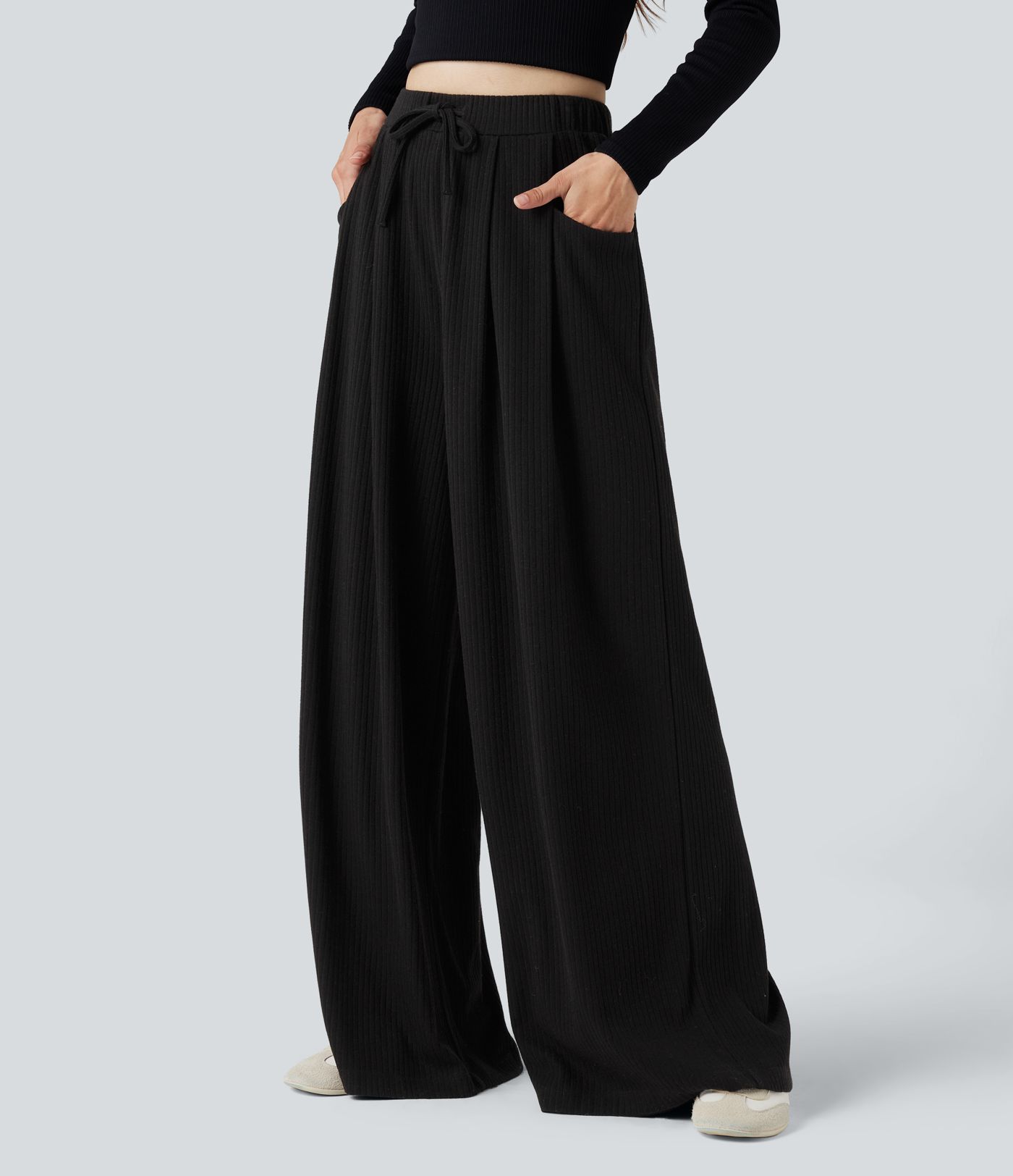 Ribbed Knit Adjustable Waist Drawstring Casual Baggy Pants with Pockets