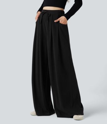 Ribbed Knit Adjustable Waist Drawstring Casual Baggy Pants with Pockets