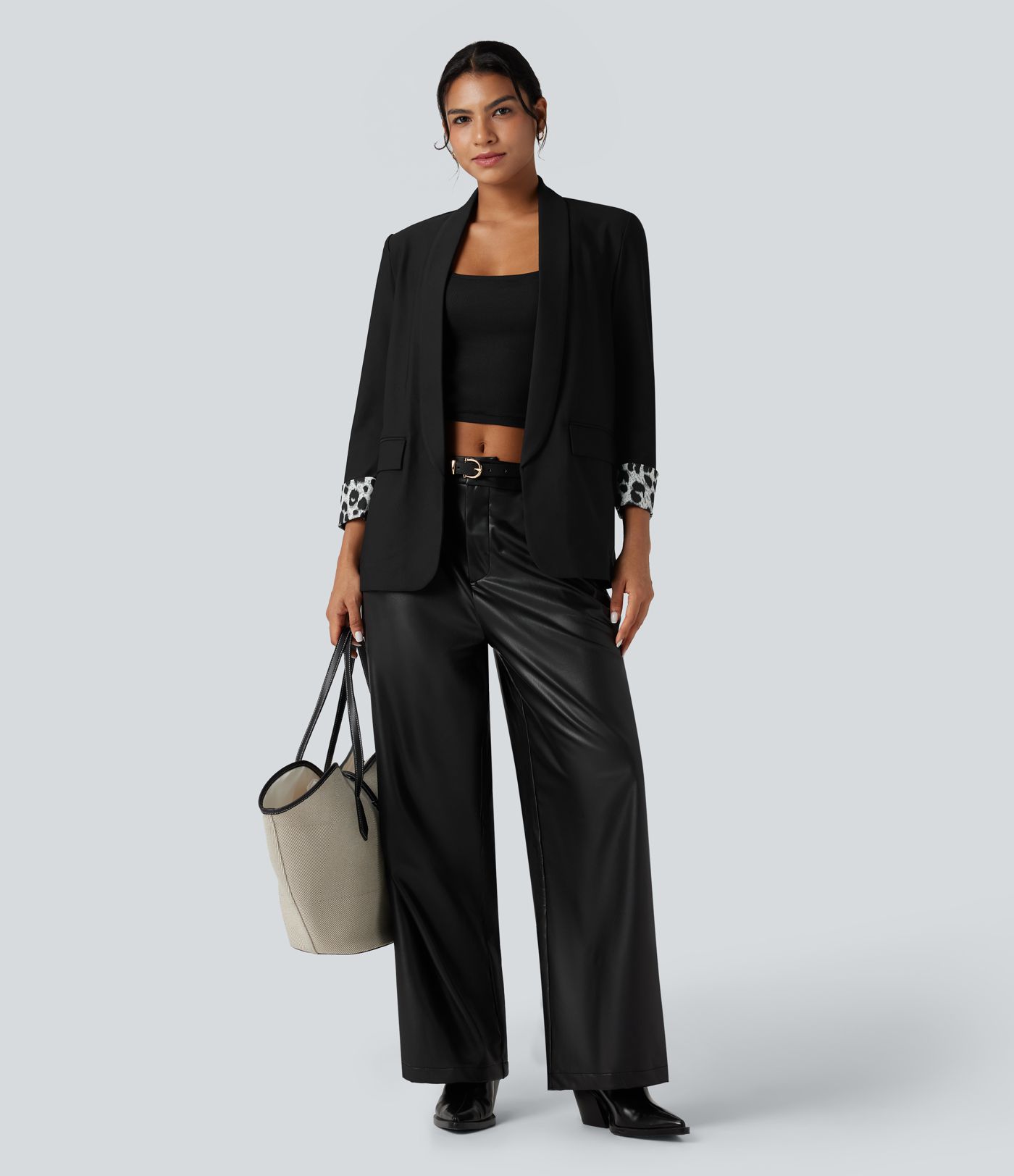 Lapel Long Sleeve Leopard Print Twill Work Blazer with Pockets